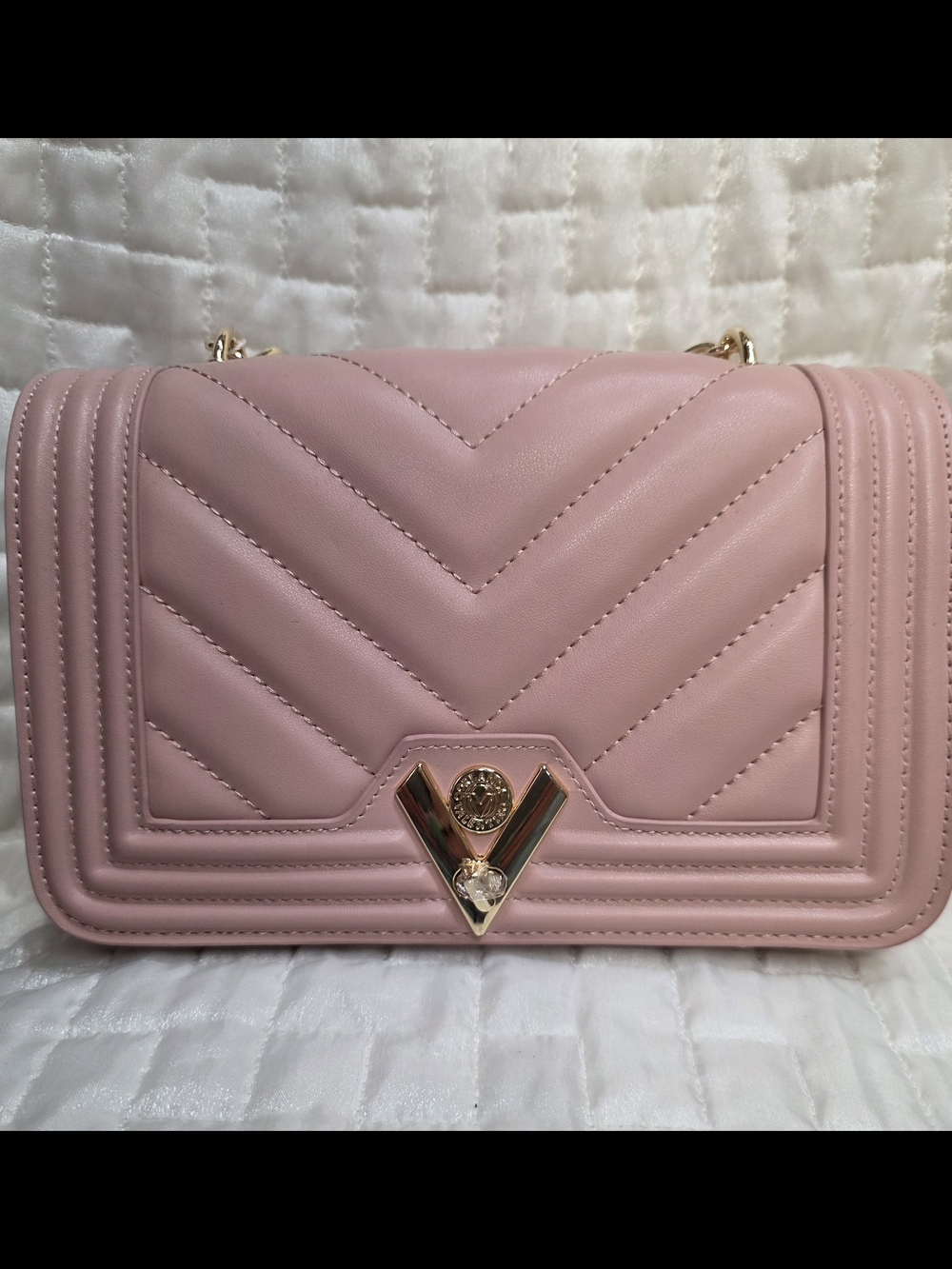 Valentino Orlandi Blush Pink Quilted Crossbody with Gold V-Clasp